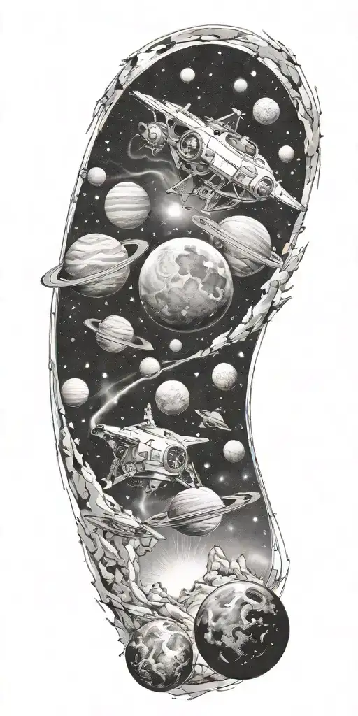 space, galaxy, universe, space ship, comet, planets, moon tattoo design idea