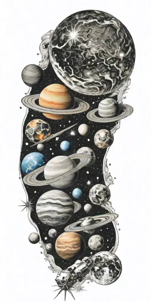 Space, galaxies, planet, moon, asteroid, sun, stars tattoo design idea