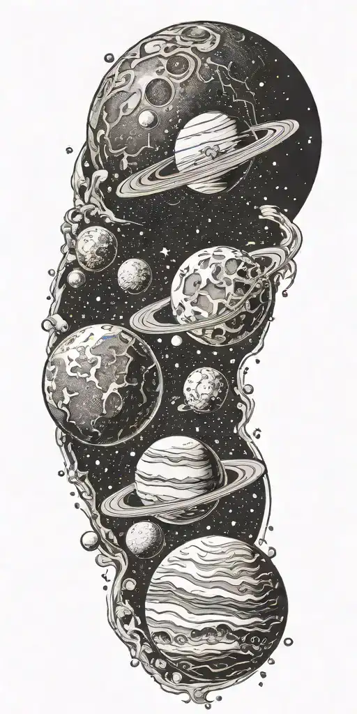 Space, galaxies, planet, moon, asteroid, sun, stars tattoo design idea