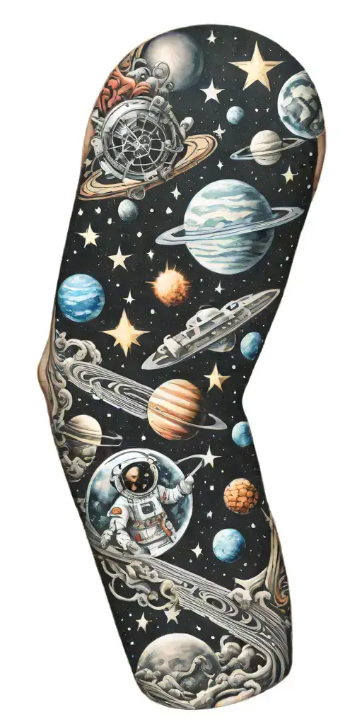 Sleeve of outer space with planets, stars and moons tattoo design idea