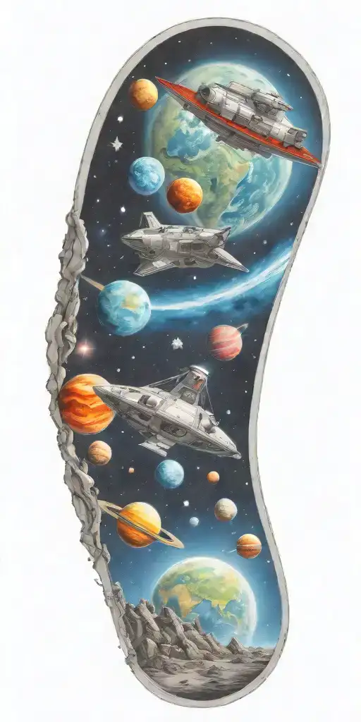 space, galaxy, universe, space ship, comet, planets, moon,  tattoo design idea