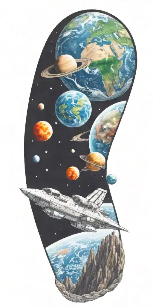 space, galaxy, universe, space ship, comet, planets, moon, color tattoo design idea