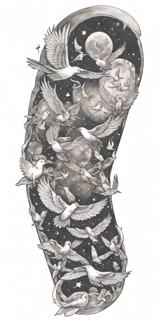 A celestial sleeve tattoo featuring various birds flying through space tattoo design idea