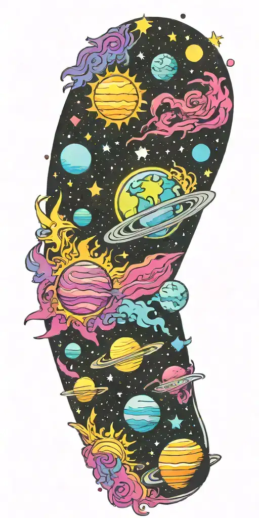 Space, galaxies, planet, moon, asteroid, sun, stars, halo tattoo design idea