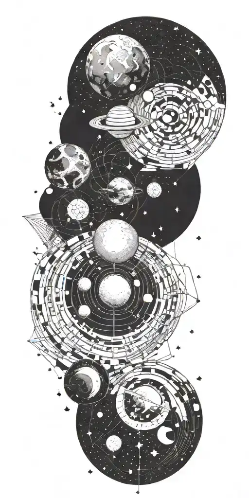 Space, galaxies, planet, moon, asteroid, sun, stars, halo tattoo design idea