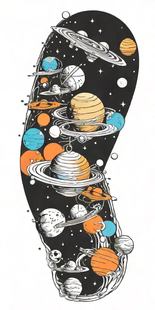 space, galaxy, universe, space ship, comet, planets, moon,  tattoo design idea