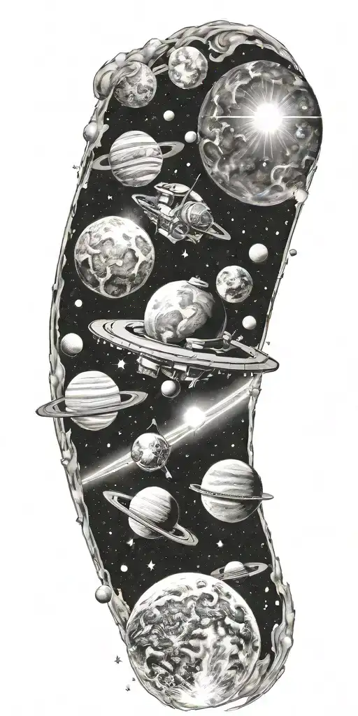 space, galaxy, universe, space ship, comet, planets, moon, sun tattoo design idea