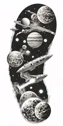 space, galaxy, universe, space ship, comet, planets, moon, sun tattoo design idea