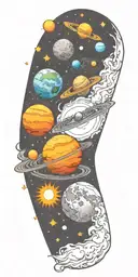 Space, galaxies, planet, moon, asteroid, sun, stars, halo tattoo design idea