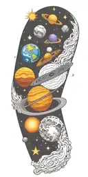 Space, galaxies, planet, moon, asteroid, sun, stars, halo tattoo design idea