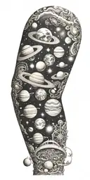 Sleeve of outer space with planets, stars, moons, hole, halo tattoo design idea