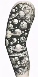 Sleeve of outer space with planets, stars, moons, hole, halo tattoo design idea