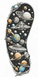 space ship, orbit, earth, moon, planets, asteroid tattoo design idea