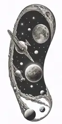 space ship, orbit, earth, moon, planets, asteroid tattoo design idea