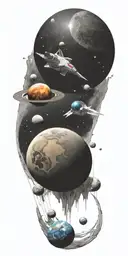space ship, orbit, earth, moon, planets, asteroid tattoo design idea