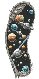 space ship, orbit, earth, moon, planets, asteroid tattoo design idea