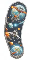 space, galaxy, universe, space ship, comet, planets, moon, sun tattoo design idea