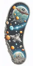 space, galaxy, universe, space ship, comet, planets, moon, sun tattoo design idea
