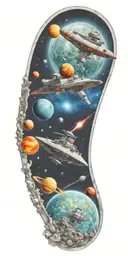 space, galaxy, universe, space ship, comet, planets, moon,  tattoo design idea