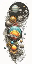 Space, galaxies, planet, moon, asteroid, sun, stars, halo tattoo design idea