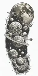 Space, galaxies, planet, moon, asteroid, sun, stars tattoo design idea