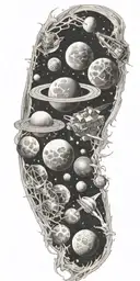 Space, galaxies, planet, moon, asteroid, sun, stars tattoo design idea