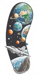 space, galaxy, universe, space ship, comet, planets, moon, color tattoo design idea