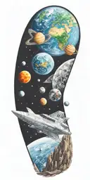 space, galaxy, universe, space ship, comet, planets, moon, color tattoo design idea