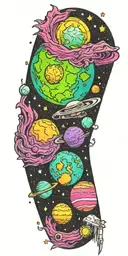 Space, galaxies, planet, moon, asteroid, sun, stars, halo tattoo design idea
