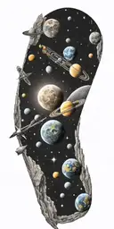 Space, galaxies, planet, moon, asteroid, sun, stars tattoo design idea