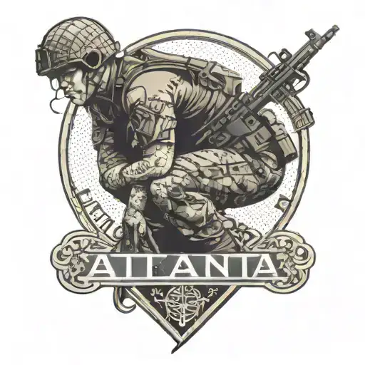 A military-inspired tattoo featuring a soldier kneeling in prayer, with the word 'ATLANTA' incorporated into the design tattoo design idea