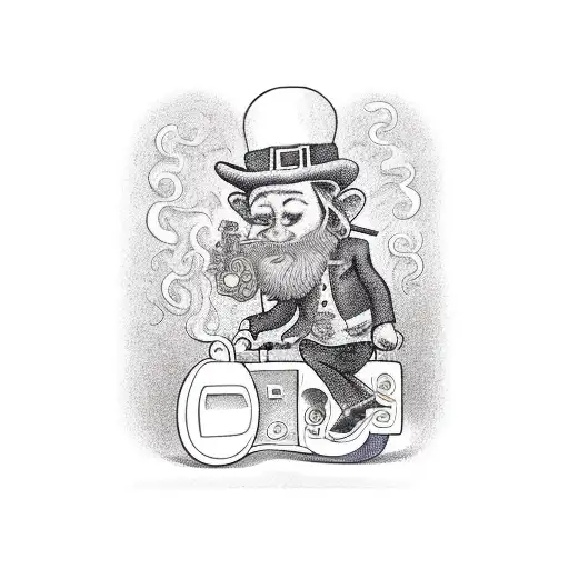 a leprechaun in a purple bike, smoking marijuana in front of a english telephone cabin  tattoo design idea