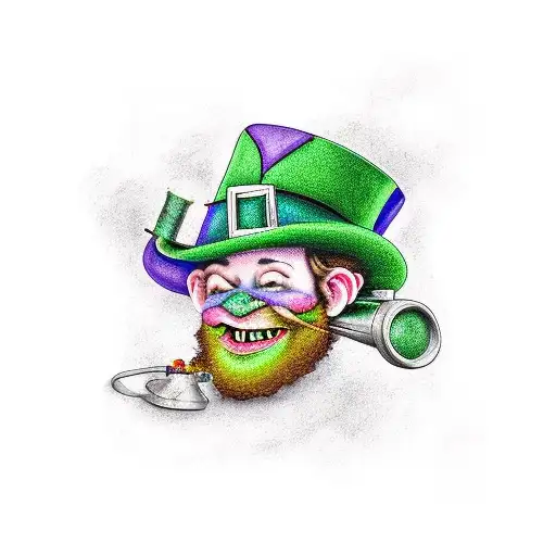 a leprechaun riding a purple bike, smoking marijuana in front of a english telephone cabin  tattoo design idea