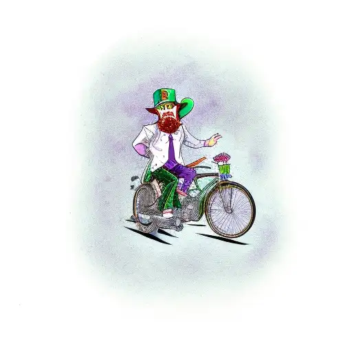 a leprechaun in a purple bike, smoking marijuana in front of a english telephone cabin  tattoo design idea