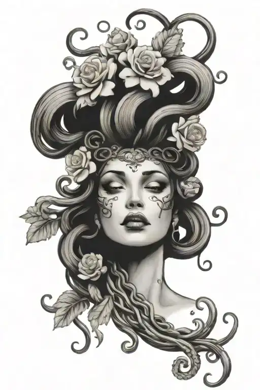 Medusa with flowers, a hint of Libra, and flowers like a tarot card  tattoo design idea