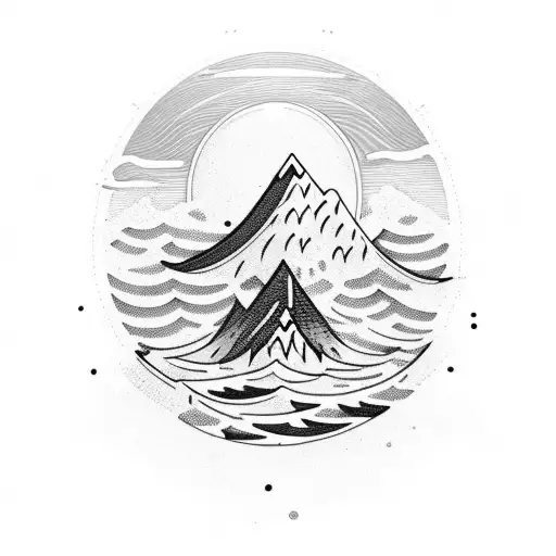 A majestic sun rising over a mountain peak with waves crashing below tattoo design idea