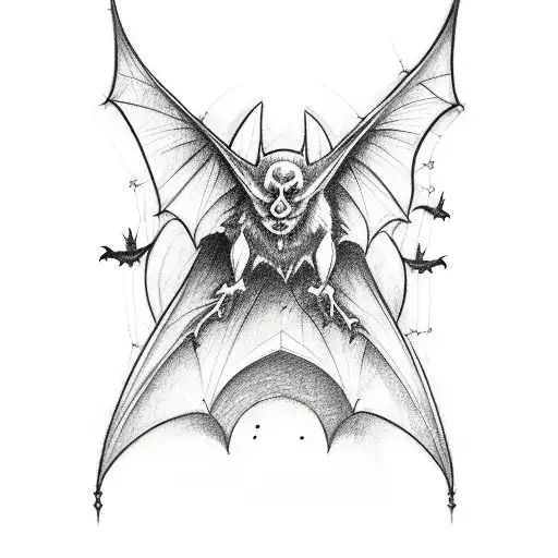 A sketch-style tattoo of a gothic cathedral with bats flying around it tattoo design idea