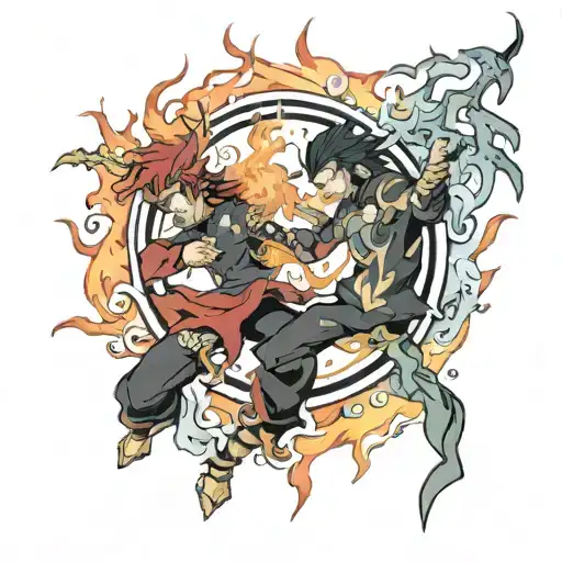 Circle of Fire: Rengoku and Soma inside a circle of fire, with Rengoku on one side ready to fight and Soma on the other tattoo design idea