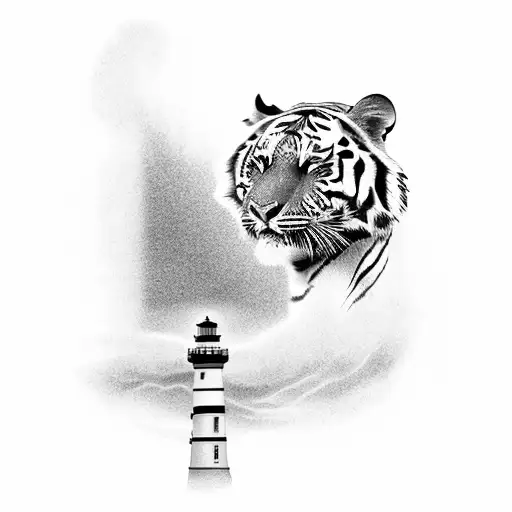 palm trees and light house with waves  and a tiger tattoo design idea