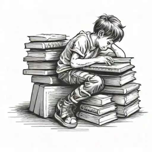 A child sitting on a pile of books with a piano in the background, symbolizing a young student's passion for learning and music tattoo design idea