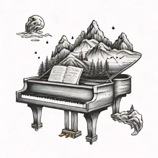 A piano keys morphing into a mountain range, symbolizing the transformative power of music and the outdoors tattoo design idea