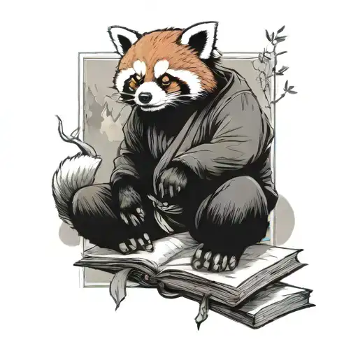 A school boy, book, martial arts red panda in the mountains tattoo design idea