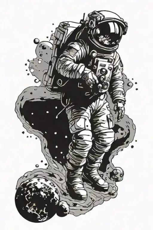 the astronaut walks forward, around him is space, meteorites, planets tattoo design idea