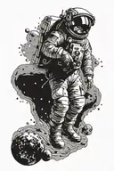 the astronaut walks forward, around him is space, meteorites, planets tattoo design idea