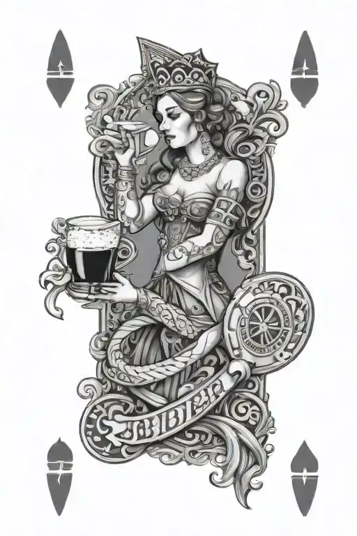 hungarian playing card , that is 2 ways on one half is a woman playing dart and on the other one drinking beer  tattoo design idea