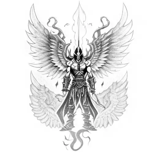 A demon with wings and armor holding a flaming sword tattoo design idea