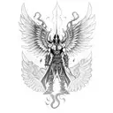 A demon with wings and armor holding a flaming sword tattoo design idea