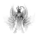 A demon with wings and armor holding a flaming sword tattoo design idea