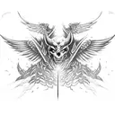 A demon with wings and armor holding a flaming sword tattoo design idea