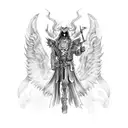A demon with wings and armor holding a flaming sword tattoo design idea